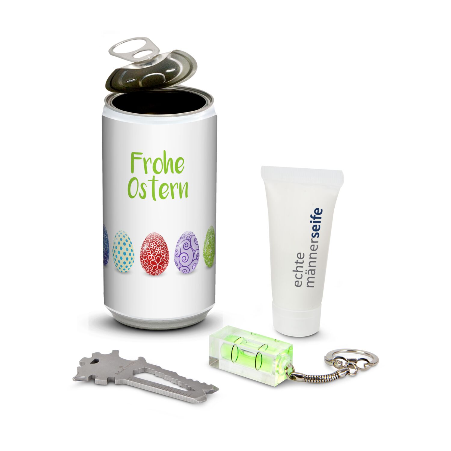 Echte Männerdose: an die Werkzeuge fertig los! 1 Multitool (sortiert) als Schlüsselanhänger, 1 Mini Wasserwaage, 1 Tube Duschgel.