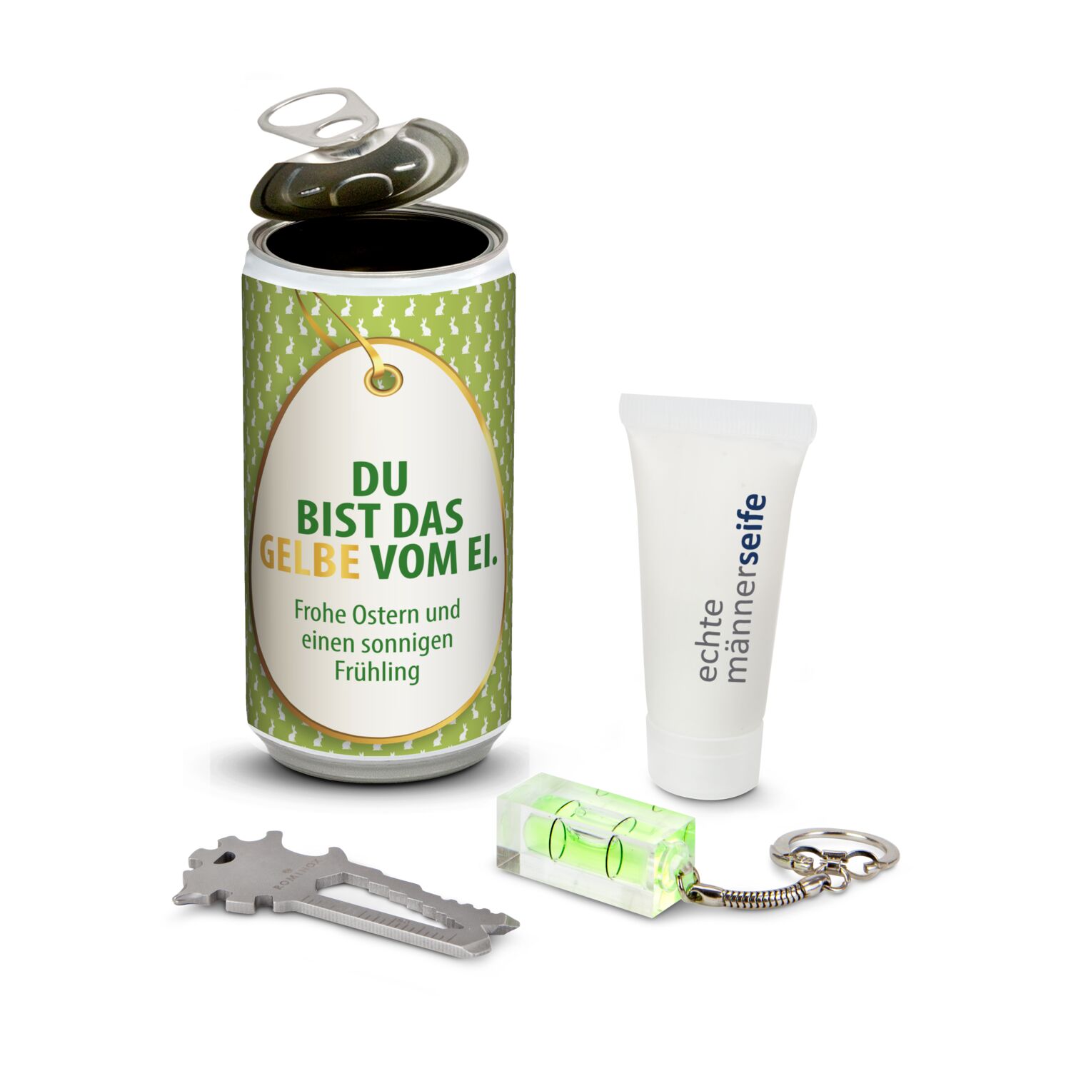 Echte Männerdose: an die Werkzeuge fertig los! 1 Multitool (sortiert) als Schlüsselanhänger, 1 Mini Wasserwaage, 1 Tube Duschgel.