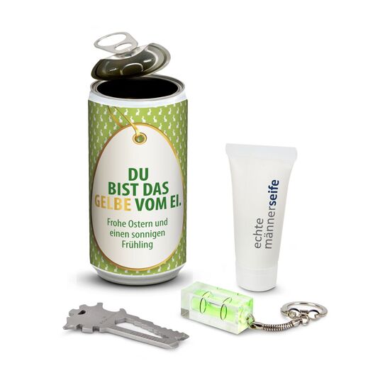 Echte Männerdose: an die Werkzeuge fertig los! 1 Multitool (sortiert) als Schlüsselanhänger, 1 Mini Wasserwaage, 1 Tube Duschgel.