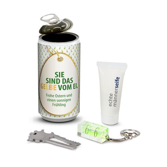 Echte Männerdose: an die Werkzeuge fertig los! 1 Multitool (sortiert) als Schlüsselanhänger, 1 Mini Wasserwaage, 1 Tube Duschgel.