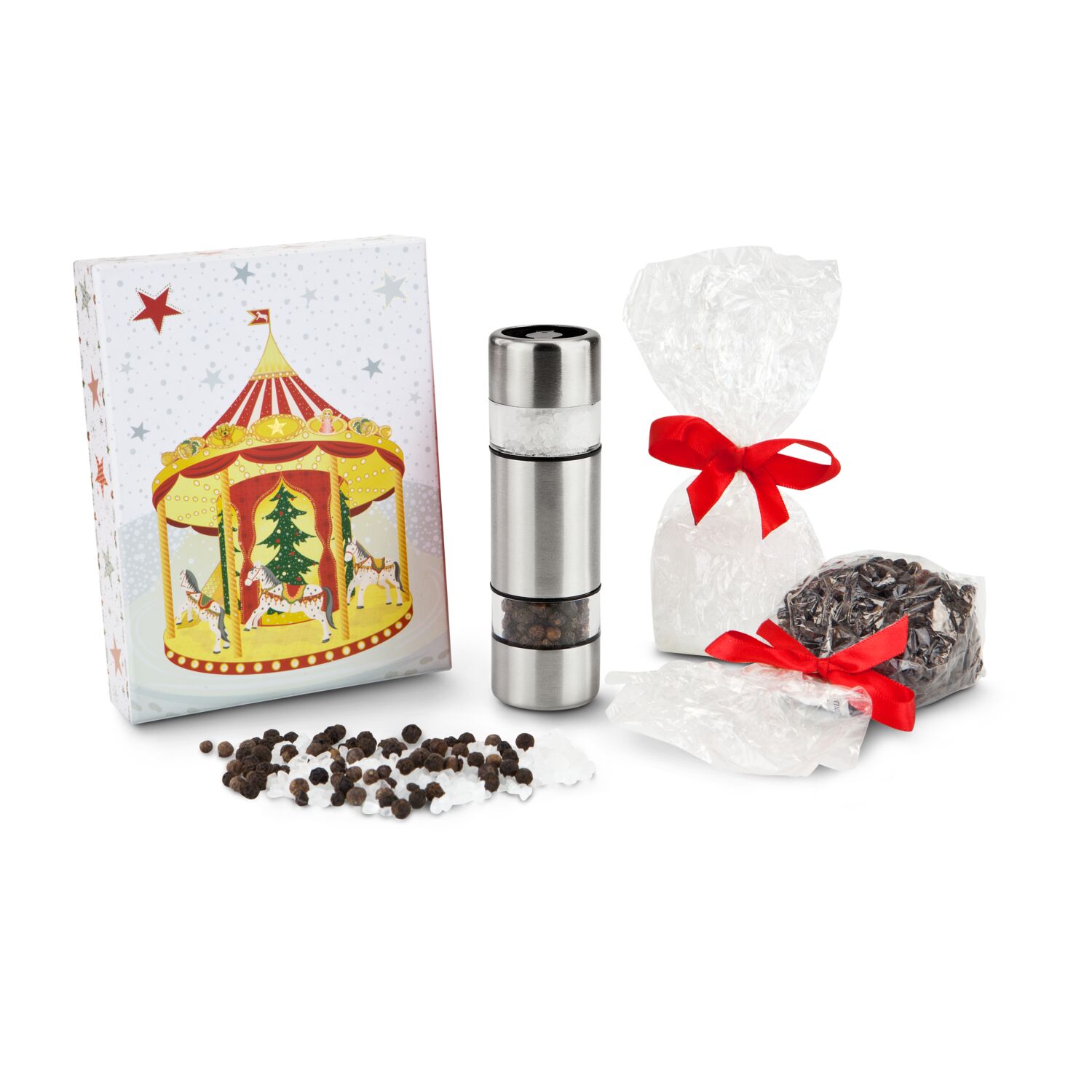 Im weihnachtlichen Geschenkkarton kommt eine ROMINOX® Mühle mit 2 getrennten Mahlwerken und einem Tütchen Salz & Pfeffer