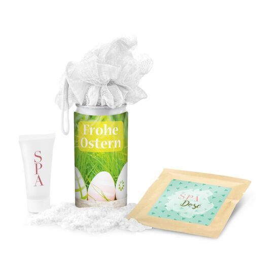 SPA Dose - für alle Frauen: 1 Mesh-Schwamm, 1 Badesalz und 1 Duschgel in einer innovativen Geheimnisdose mit fröhlichen Oster-Grüßen