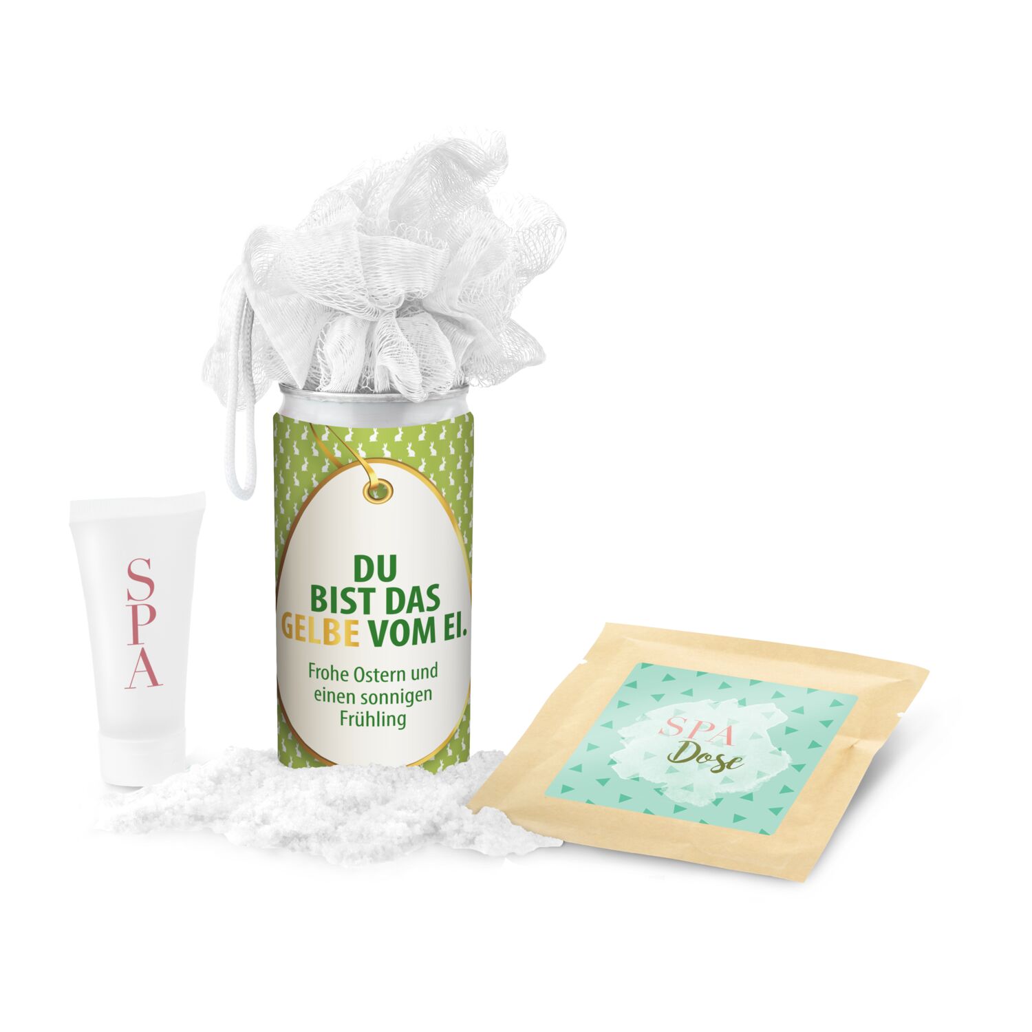 SPA Dose - für alle Frauen: 1 Mesh-Schwamm, 1 Badesalz und 1 Duschgel in einer innovativen Geheimnisdose mit fröhlichen Oster-Grüßen