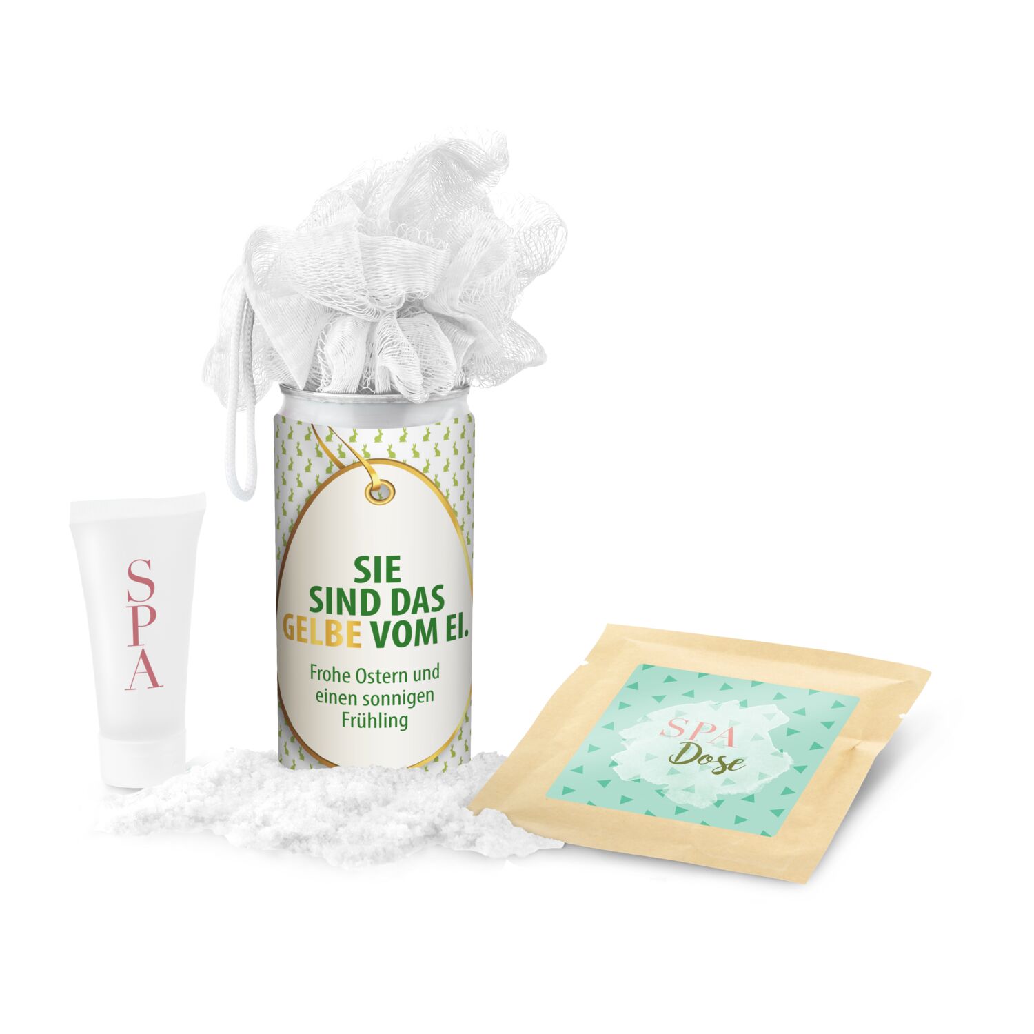 Geschenkset / Präsenteset: SPA Dose Ostern - Etikett Sie sind das Gelbe vom Ei 2K1223e