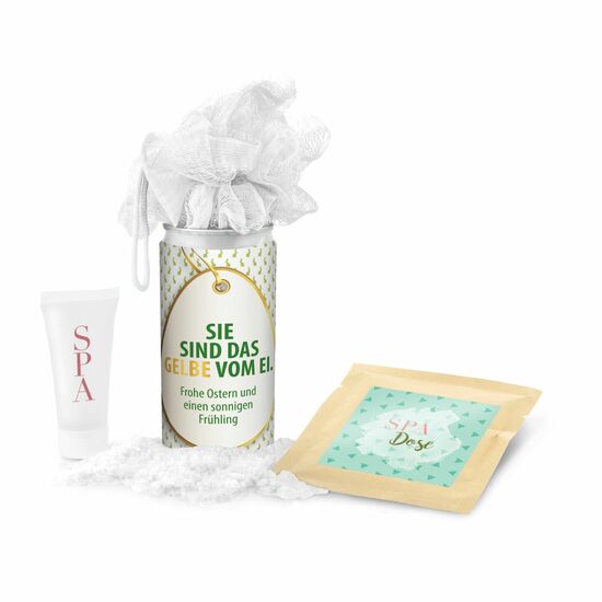 Geschenkset / Präsenteset: SPA Dose Ostern - Etikett Sie sind das Gelbe vom Ei 2K1223e