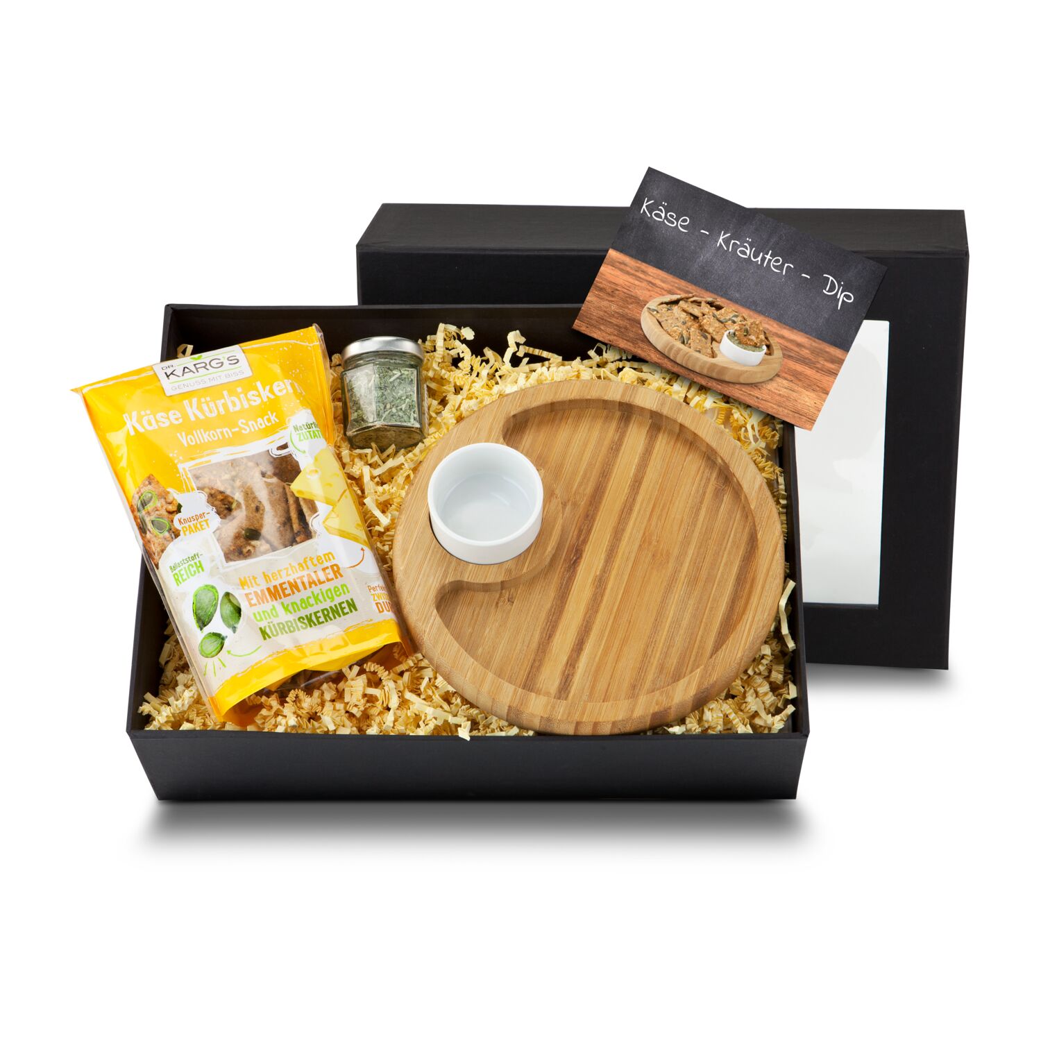 Der ROMINOX® Bambusteller mit Keramikschale eignet sich perfekt zum Dippen. Probieren Sie es direkt mit dem Dipgewürz & den Käsecrackern aus