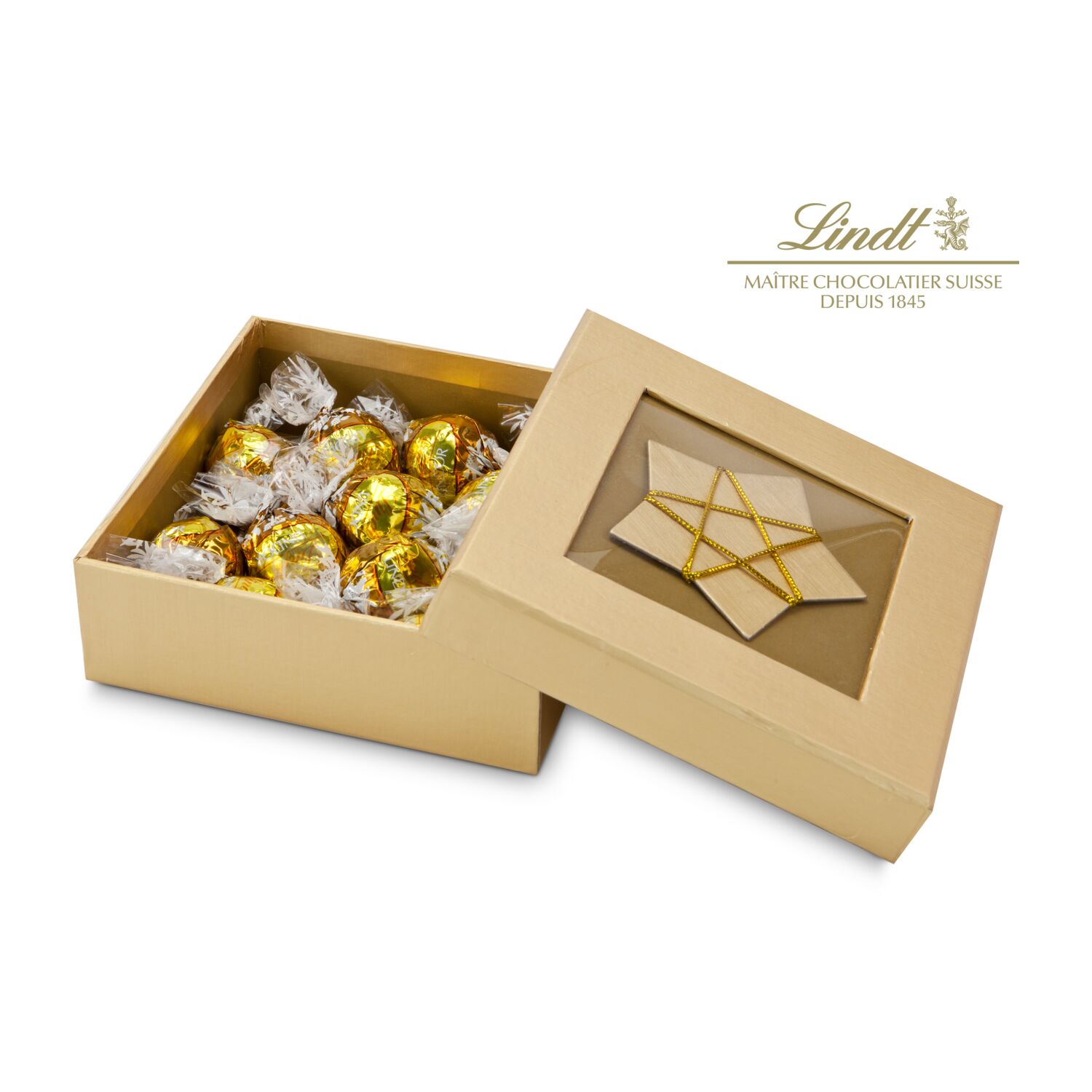 10 zartschmelzende weiße, gold-gewickelte Lindt-Kugeln in hochwertiger, goldener Schmuckschachtel mit Stern-Dekor. Frohe Weihnachtszeit.