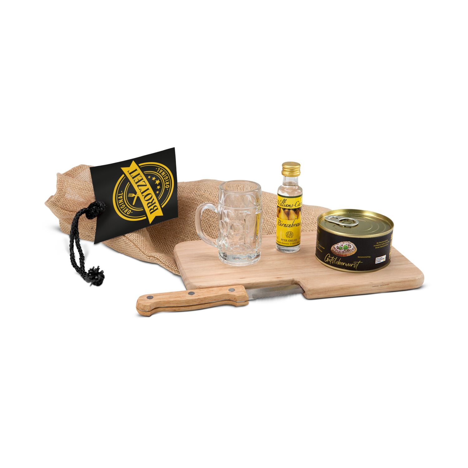 Holzbrett, Brotzeitmesser, Wurstdose (125 g, sortiert), Williams-Schnaps (20 ml, 40%) & ein Schnapsglas, (ca. 45 ml) im Jutesack verpackt.