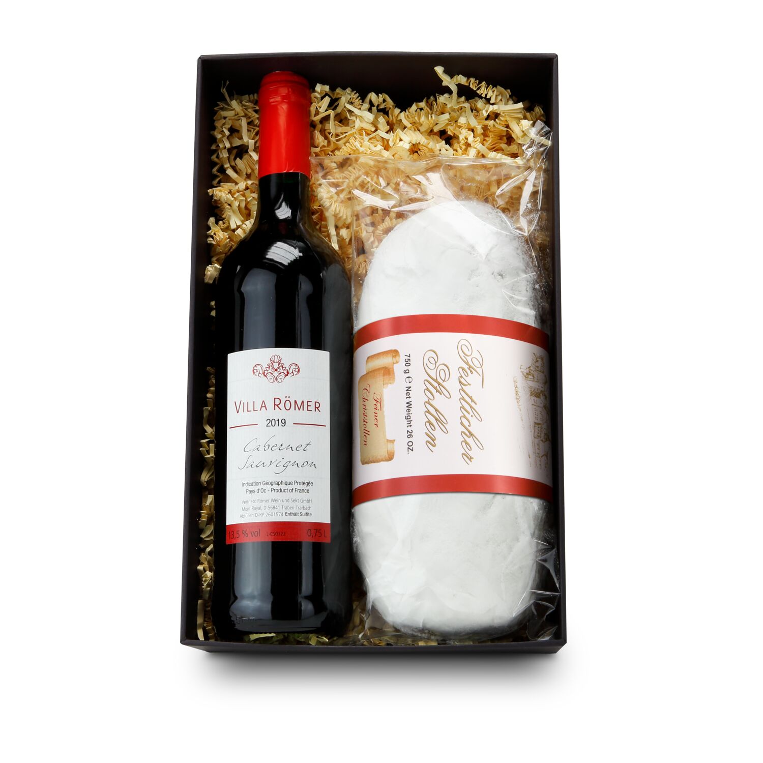 Ein harmonischer, französischer Cabernet Sauvignon & ein leckerer Christstollen (750 g) mit festlicher Banderole. Schwarzer Geschenkkarton.