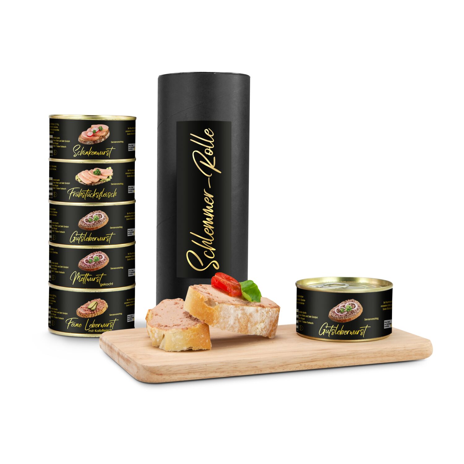 Fünf edle Wurstdosen (je 125 g): Gutsleberwurst, Feine Leberwurst, Mettwurst, Frühstücksfleisch & Schinkenwurst verpackt in schwarzer Röhre.