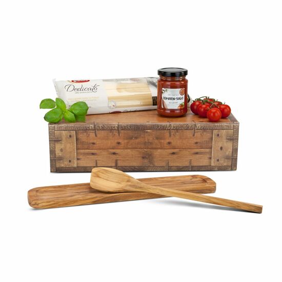 ROMINOX® Kochlöffel mit Ablage aus edlem Olivenholz, 500 g Spaghetti al bronzo und Tomatensoße (160 ml) verpackt in einem Holzoptik-Karton.