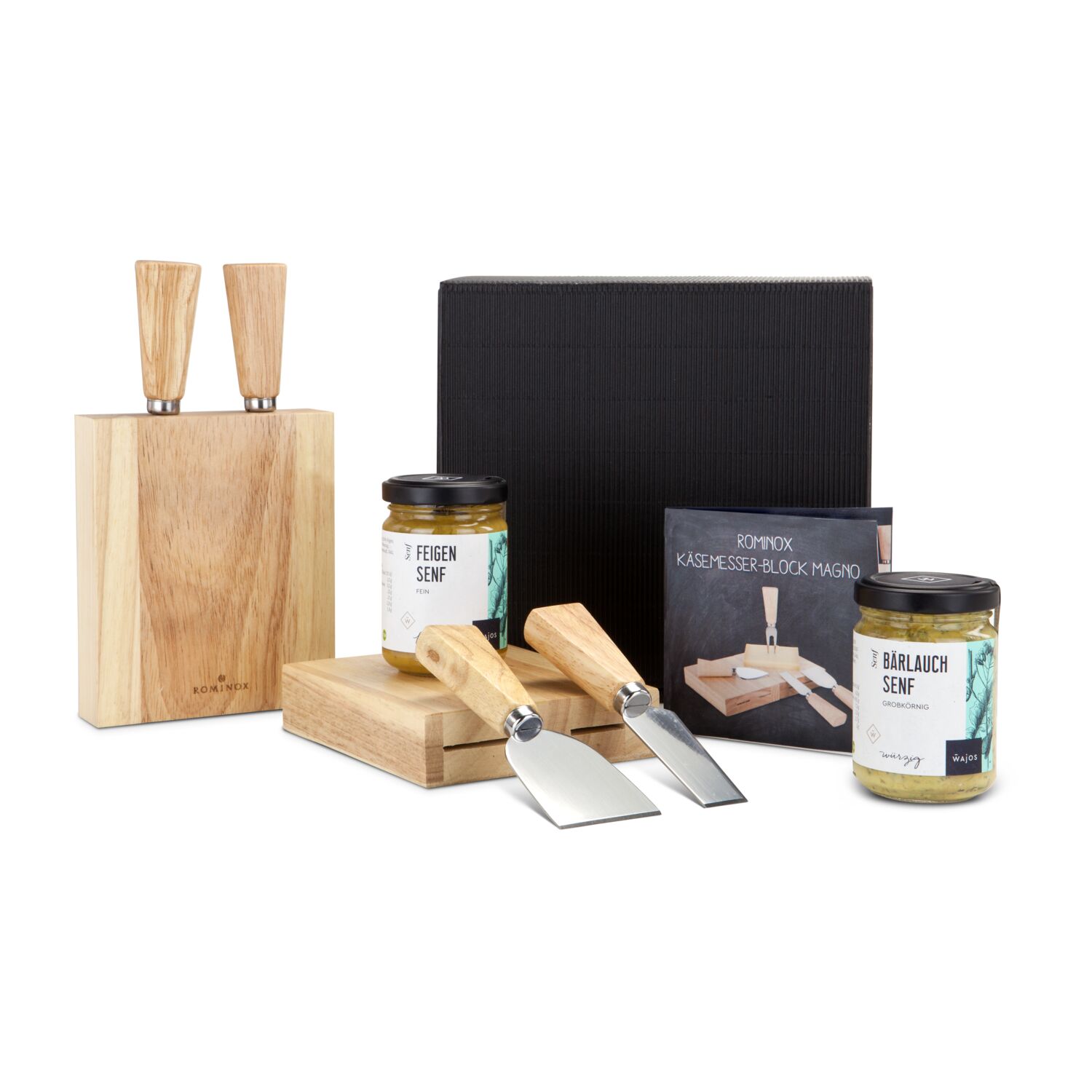 Ein innovatives Käsemesser-Set inklusive Block und je 145 g Bärlauch- und Feigensenf im Glas. Alles zusammen im schwarzen Karton.