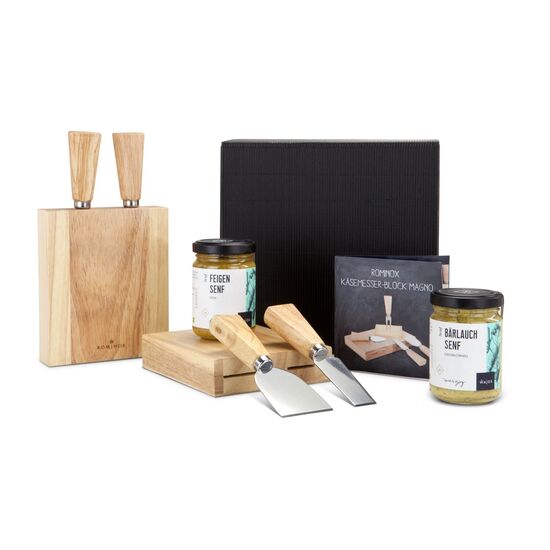 Ein innovatives Käsemesser-Set inklusive Block und je 145 g Bärlauch- und Feigensenf im Glas. Alles zusammen im schwarzen Karton.