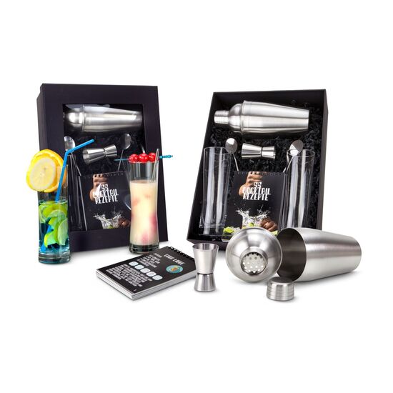 Edles Präsent für Cocktail Liebhaber: Rezepte und Infos rund um die Cocktailzubereitung, 1 Shaker, 1 Barmaß & 2 Longdrinkgläser mit Löffeln.