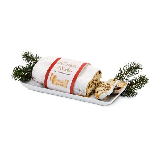 750 g feinster Christstollen mit Rosinen, Orangeat und Zitronat. Verpackt mit Banderole im Geschenkkarton.