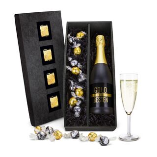 Ein hochwertiger Sekt in schwarzer Flasche (0,75 l) kombiniert mit 5 goldenen & 5 schwarzen Lindor-Kugeln (ca. 125 g).