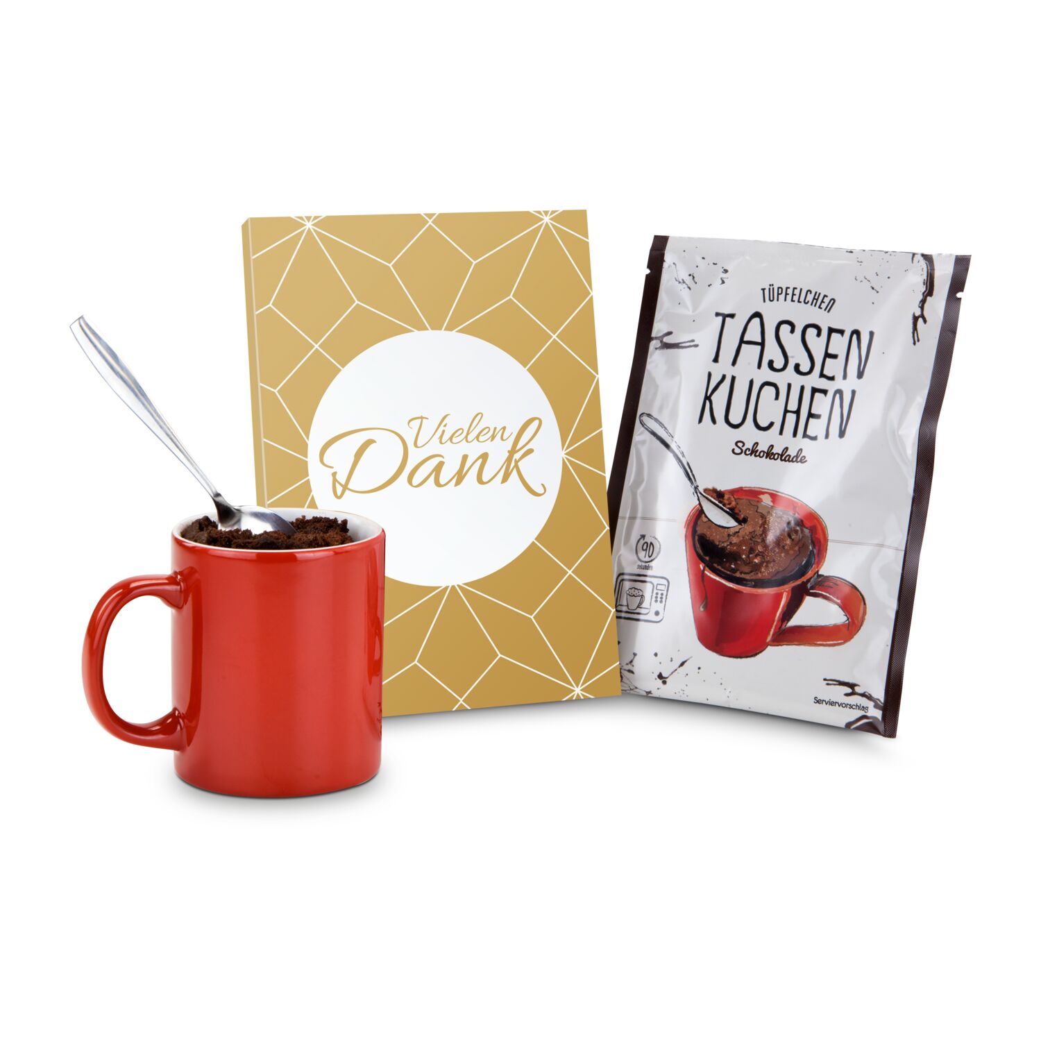 Eine Backmischung (70 g) für einen Schokoladenkuchen in der Tasse in Verpackung „Vielen Dank“.