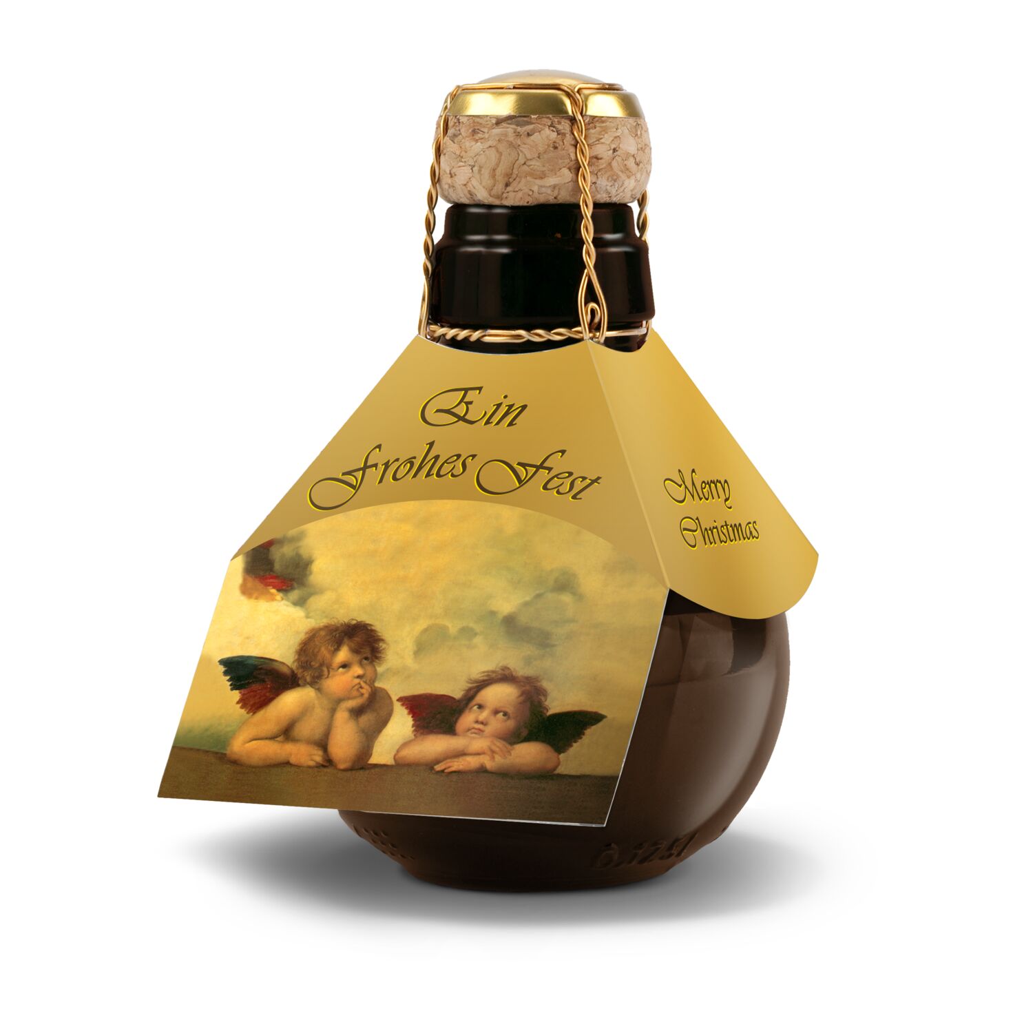 Die kleinste Sektflasche der Welt mit 0,125 l Sekt brut mit den Putten von Raffael. In gelber Schmuckwelle oder als Einzelflasche.