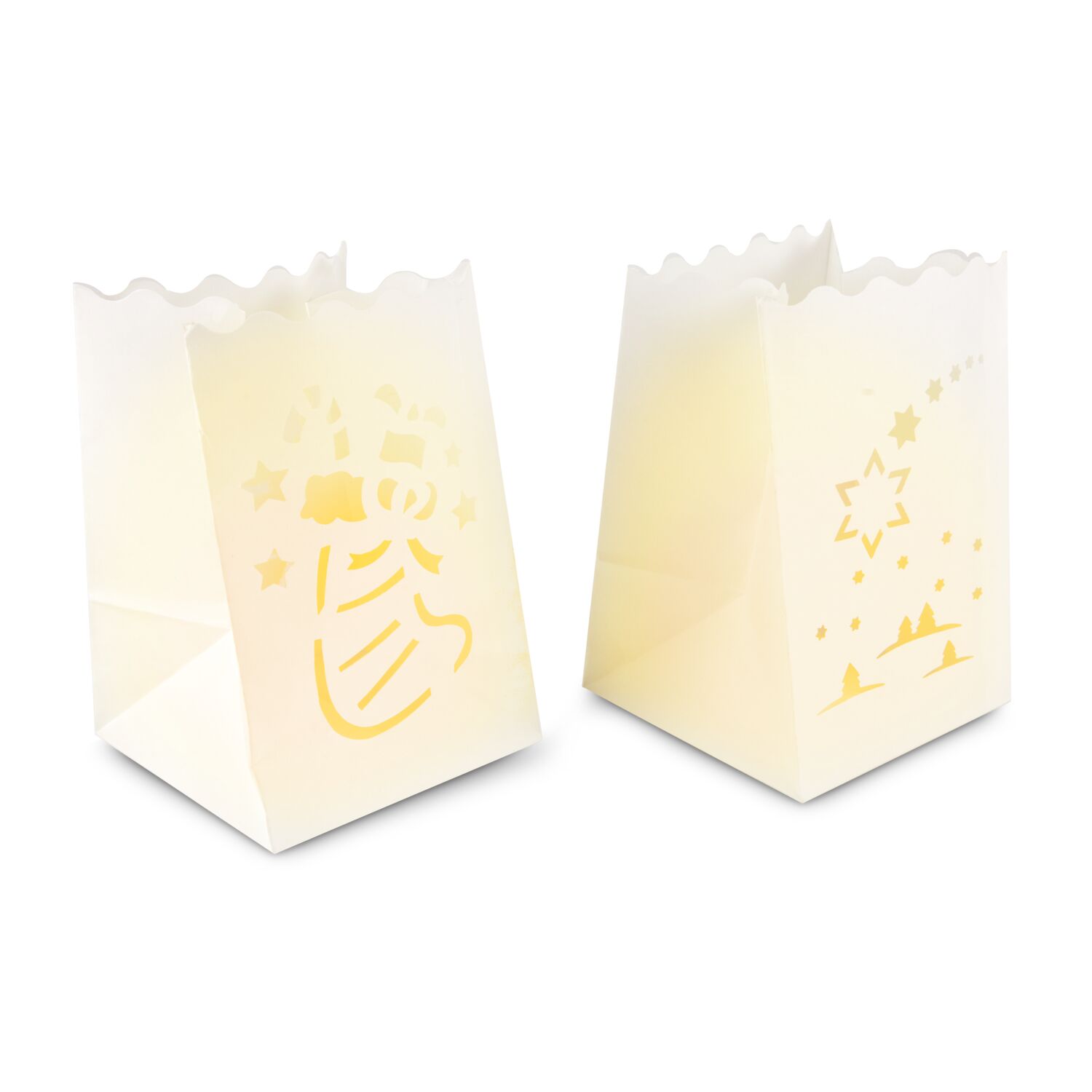 Traumhafte Winter-Deko: 4 Papier-Laternen mit verschiedenen Wintermotiven und 4 Teelichtern im dekorativen Geschenkkarton mit Rentiermotiv.