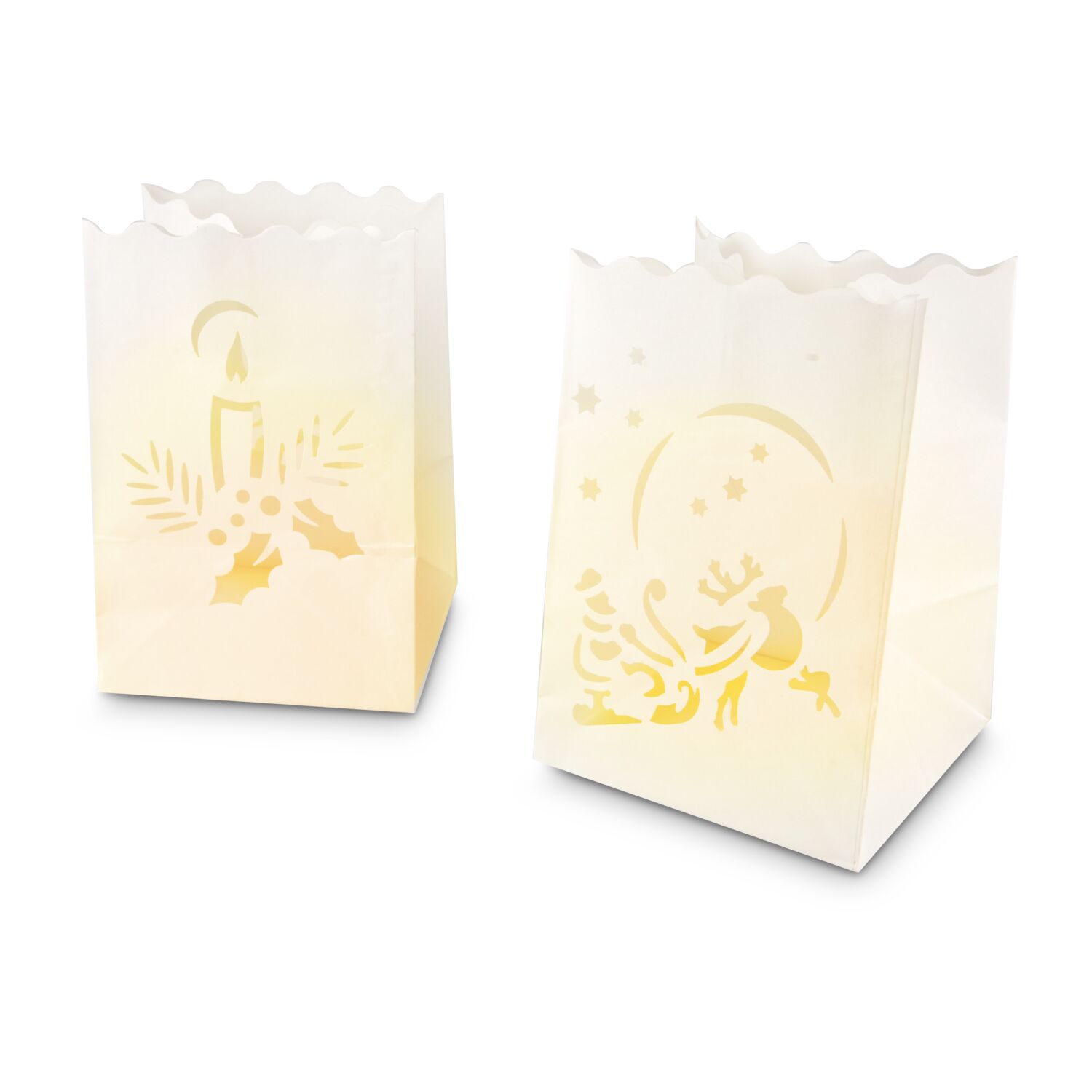 Traumhafte Winter-Deko: 4 Papier-Laternen mit verschiedenen Wintermotiven und 4 Teelichtern im dekorativen Geschenkkarton mit Rentiermotiv.