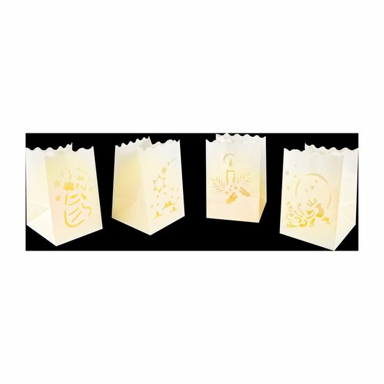 Traumhafte Winter-Deko: 4 Papier-Laternen mit verschiedenen Wintermotiven und 4 Teelichtern im dekorativen Geschenkkarton mit Rentiermotiv.