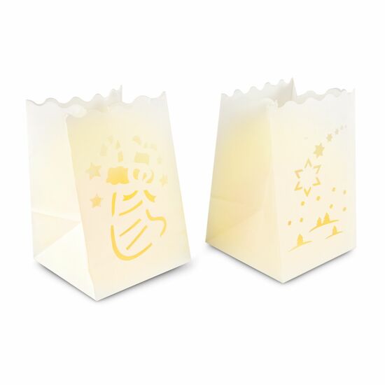 Traumhafte Winter-Deko: 4 Papier-Laternen mit verschiedenen Wintermotiven und 4 Teelichtern im dekorativen Geschenkkarton mit Rentiermotiv.