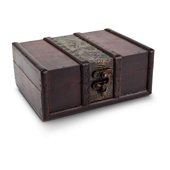 Kleine Schatztruhe gefüllt mit 192 g feinsten Schoko-Gold-Dublonen mit Kakao-Anteilen zwischen 38% und 71%. Ein echter Aztekenschatz!