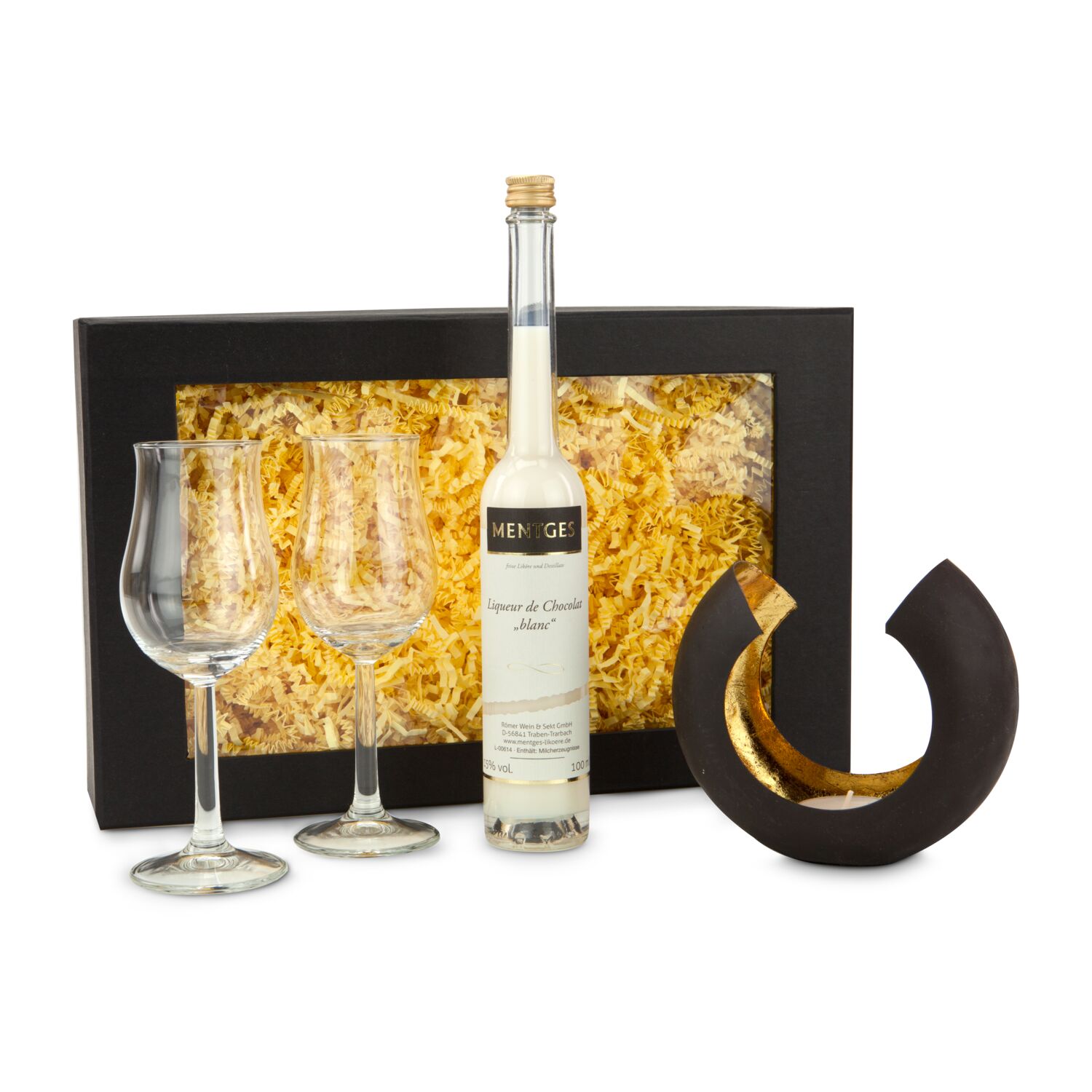 Stilvolle Kombination: 1 hochwertiger ROMINOX® Teelichthalter Sakrale, 1 Liqueur de Chocolat Blanc und 2 Likör-Gläser