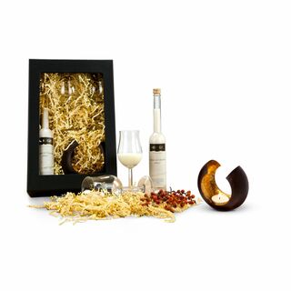 Stilvolle Kombination: 1 hochwertiger ROMINOX® Teelichthalter Sakrale, 1 Liqueur de Chocolat Blanc und 2 Likör-Gläser