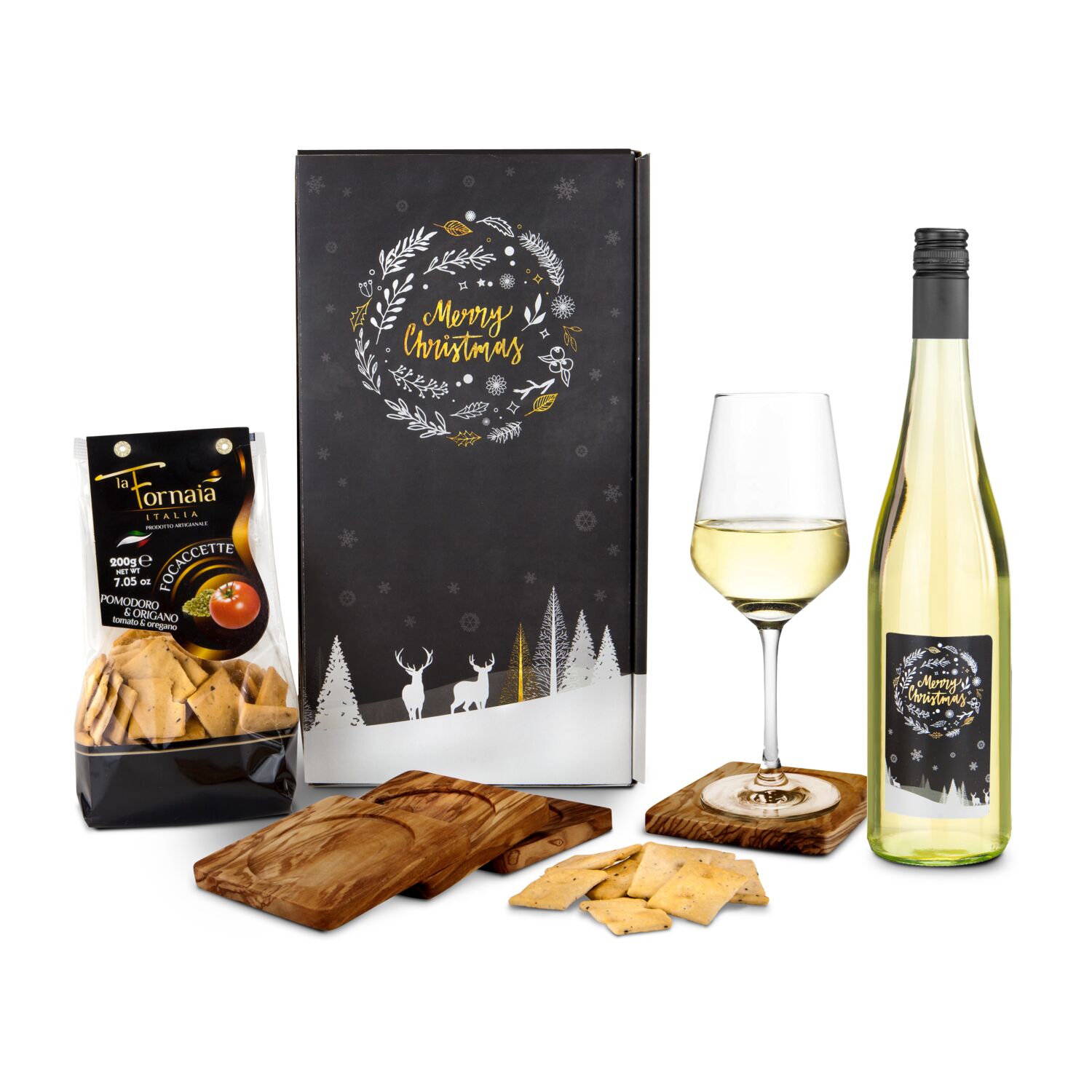 Ein trockener Weißwein (0,75 l), 4 Walnussholz-Glasuntersetzer und herzhafte Kräcker (200 g) im Weihnachtskarton