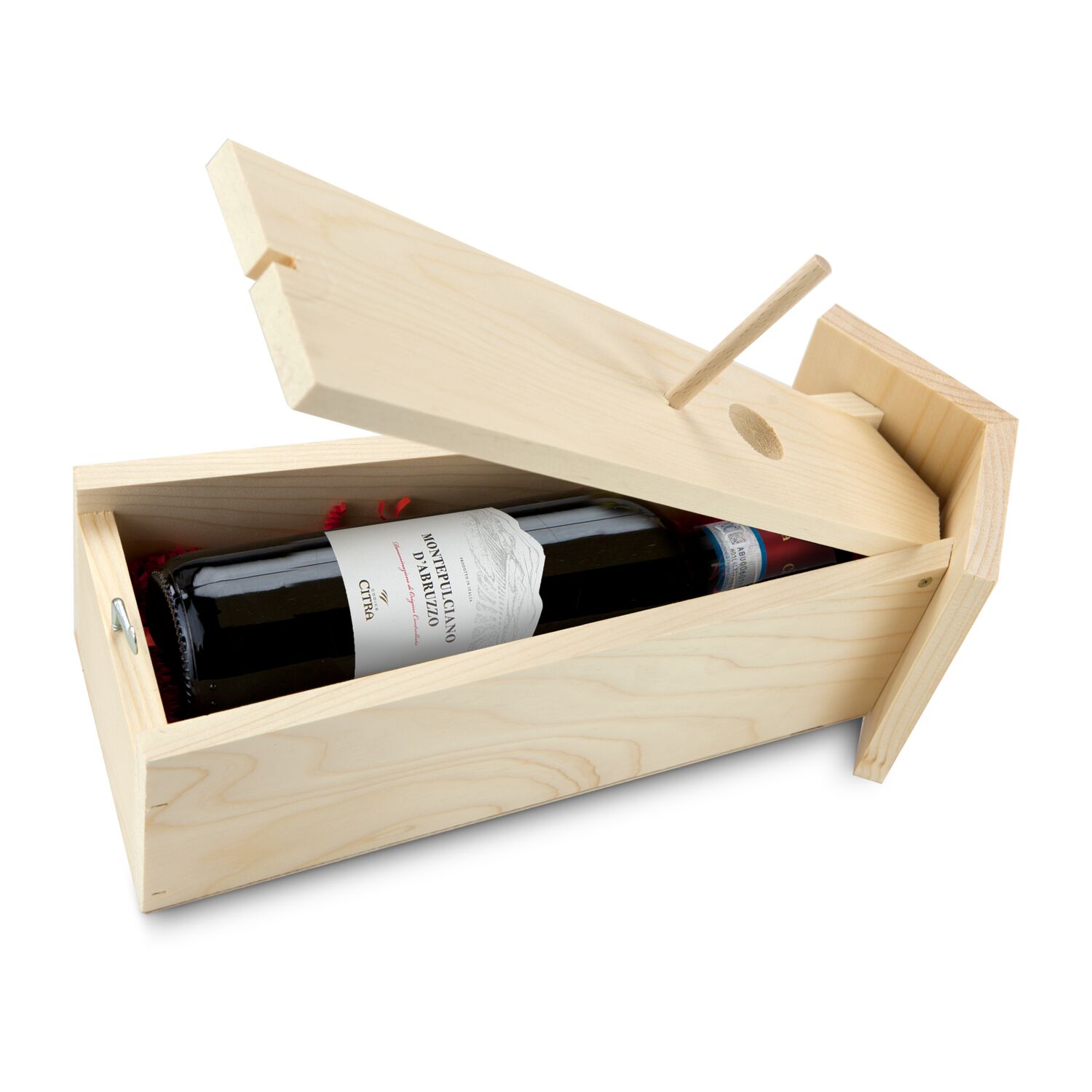 In dem wunderschönen Nistkasten, der sich von unten öffnen lässt, befindet sich eine Flasche italienischer Montepulciano d'Abruzzo (0,75 l).