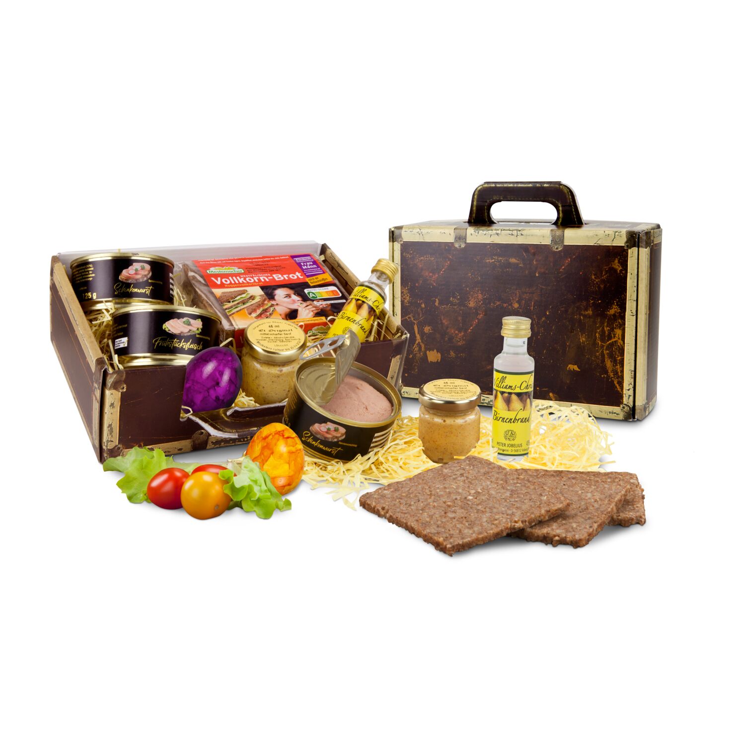 Los geht's, der Koffer ist gepackt: 500 g Vollkornbrot, 2 Wurstkonserven (je 125 g), 45 ml Senf, 1 Williams (20 ml, 40% Vol.) + ein Osterei.