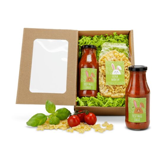 Osternudeln (250 g) in Osterhasenform & ein Glas Sugo (230 ml) verpackt im naturfarbenen Geschenkkarton