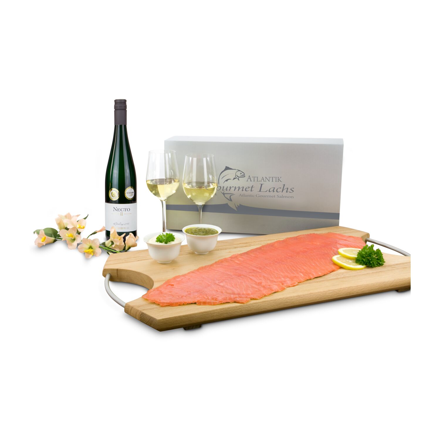 Gutschein für 300 g rauchzarten Atlantik Gourmet Lachs, filetiert & vorgeschnitten mit passendem Weißwein (0,75 l), Meerrettich & Senf.