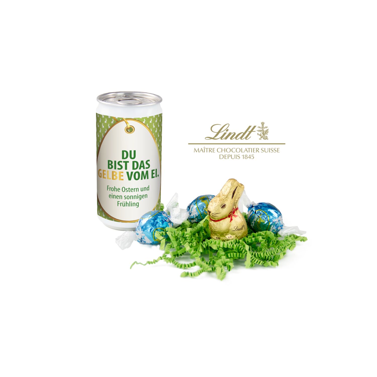 Spiel, Spaß und (Vor-)Freude garantiert. Originelle Dose mit Lindt-Goldhase & 3 Lindorkugeln auf grünem Sizzle. Wählen Sie aus 5 Motiven.