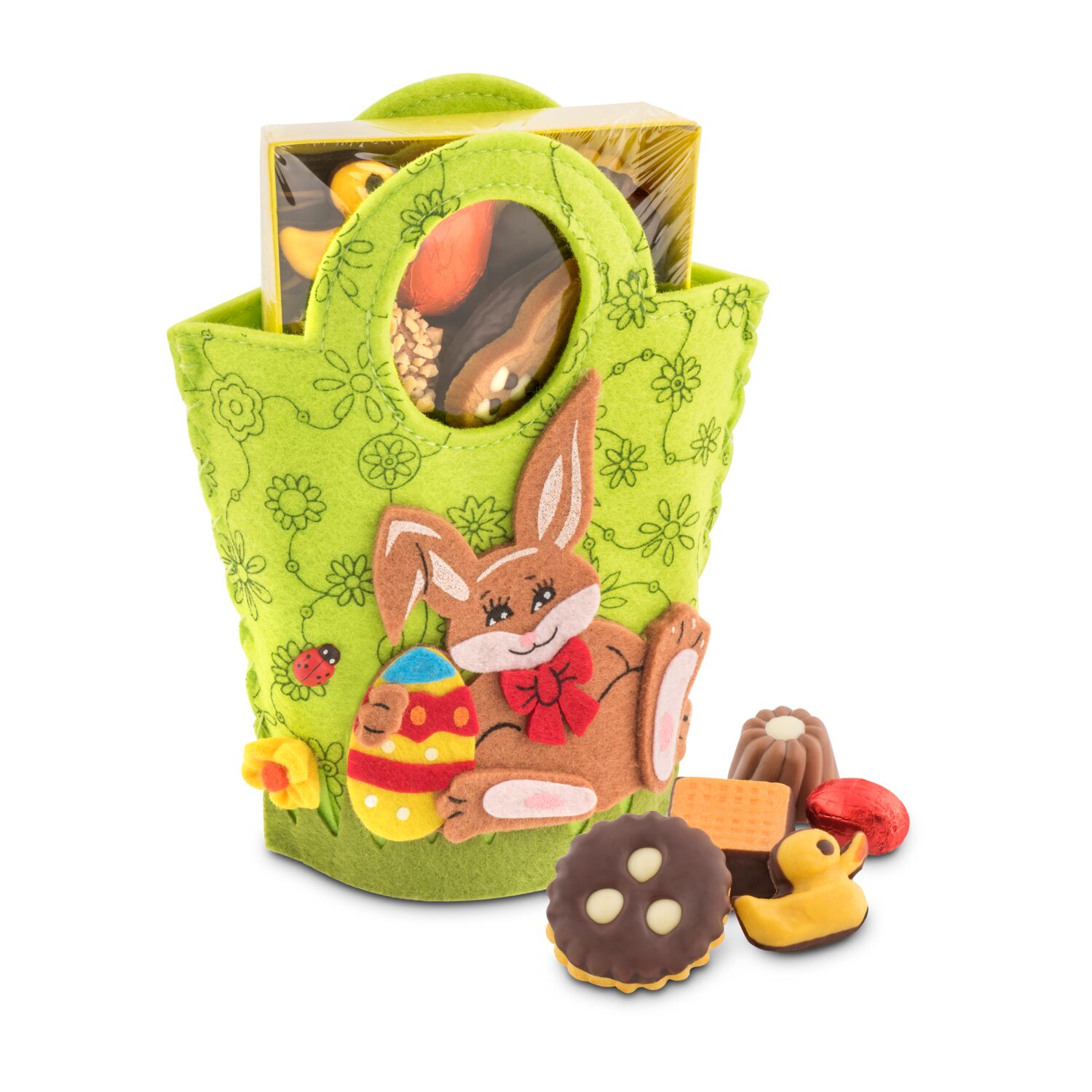 Diese grüne Filztasche ist gefüllt mit 200 g Confiserie Ostergebäckmischung & ist die perfekte Osterüberraschung. Auch als Osterdekoration!