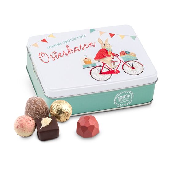125 g Pralinen & Trüffel in einer bunten, österlichen Schmuckdose mit 3D-Prägung. Damit machen Sie großen & kleinen Osterhasen eine Freude!