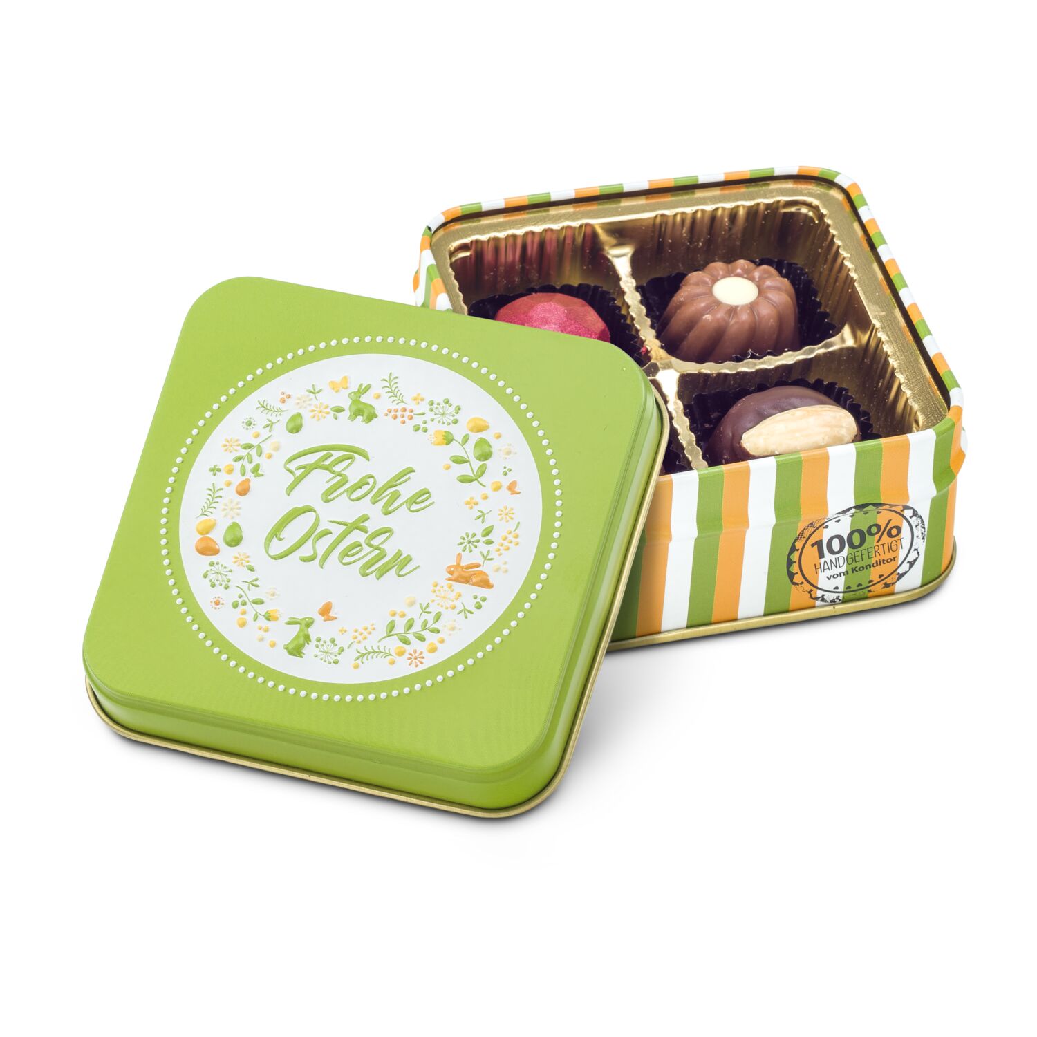Der Osterhase bringt 50 g hochwertige Pralinen & Trüffel in einer bunten, österlichen Schmuckdose mit 3D-Prägung.
