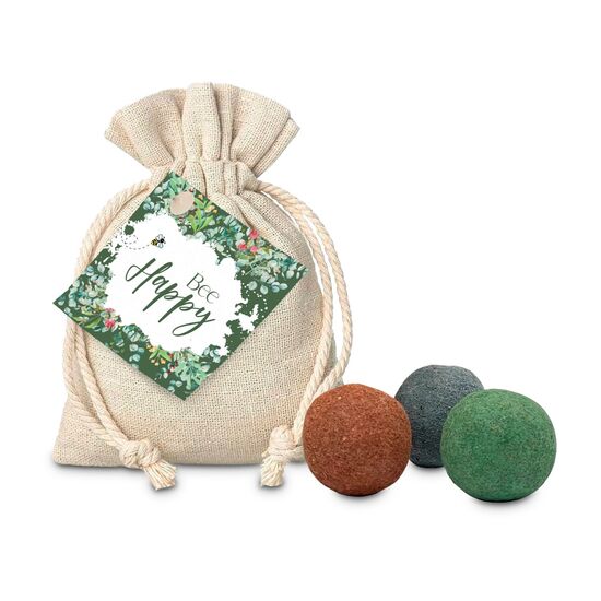 Kleines Säckchen mit Bee Happy-Anhänger gefüllt mit 3 Saatkugeln für eine farbenfrohe Blumenwiesen