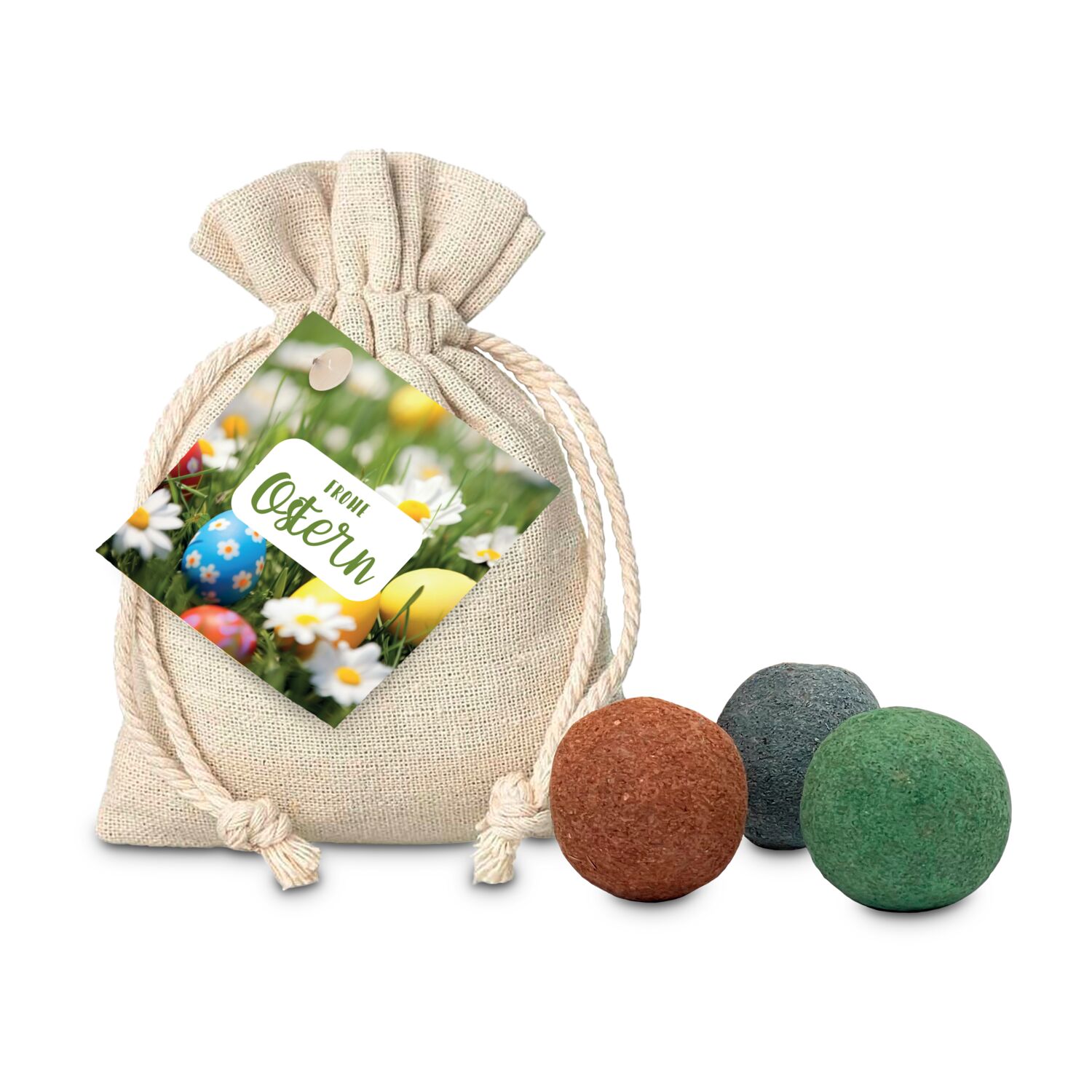Kleines Säckchen mit Oster-Anhänger gefüllt mit 3 Saatkugeln für eine farbenfrohe Blumenwiesen
