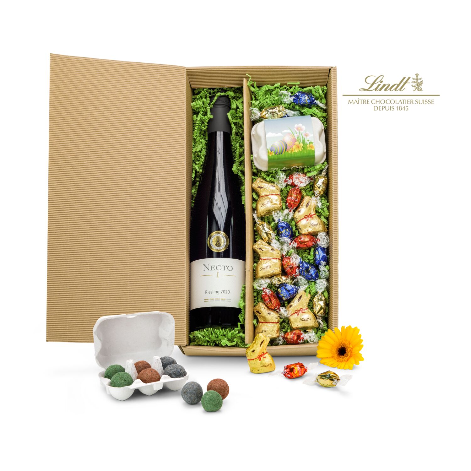 Ein buntes Oster-Paket: 1 Flasche Weißwein, 5 Lindt Mini Goldhasen, 15 Lindt Lindor Eier und 6 bunte Blumenmurmeln