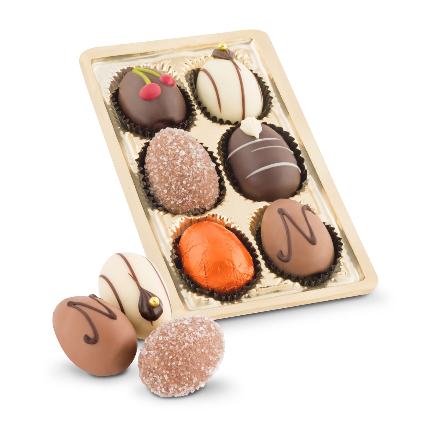 6 feine Schokoladen-Pralineneier (ca. 125 g) in Confiserie-Qualität präsentieren sich in goldener Schale mit gelber Schleife.