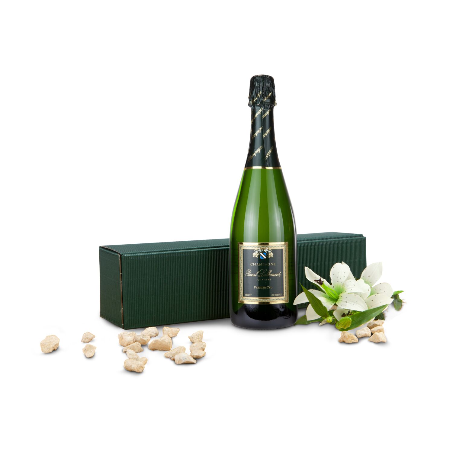 Unser Klassiker - Ein Champagner Pascal Lallement brut (0,75 l) - stilvoll verpackt in grüner Schmuckwelle.