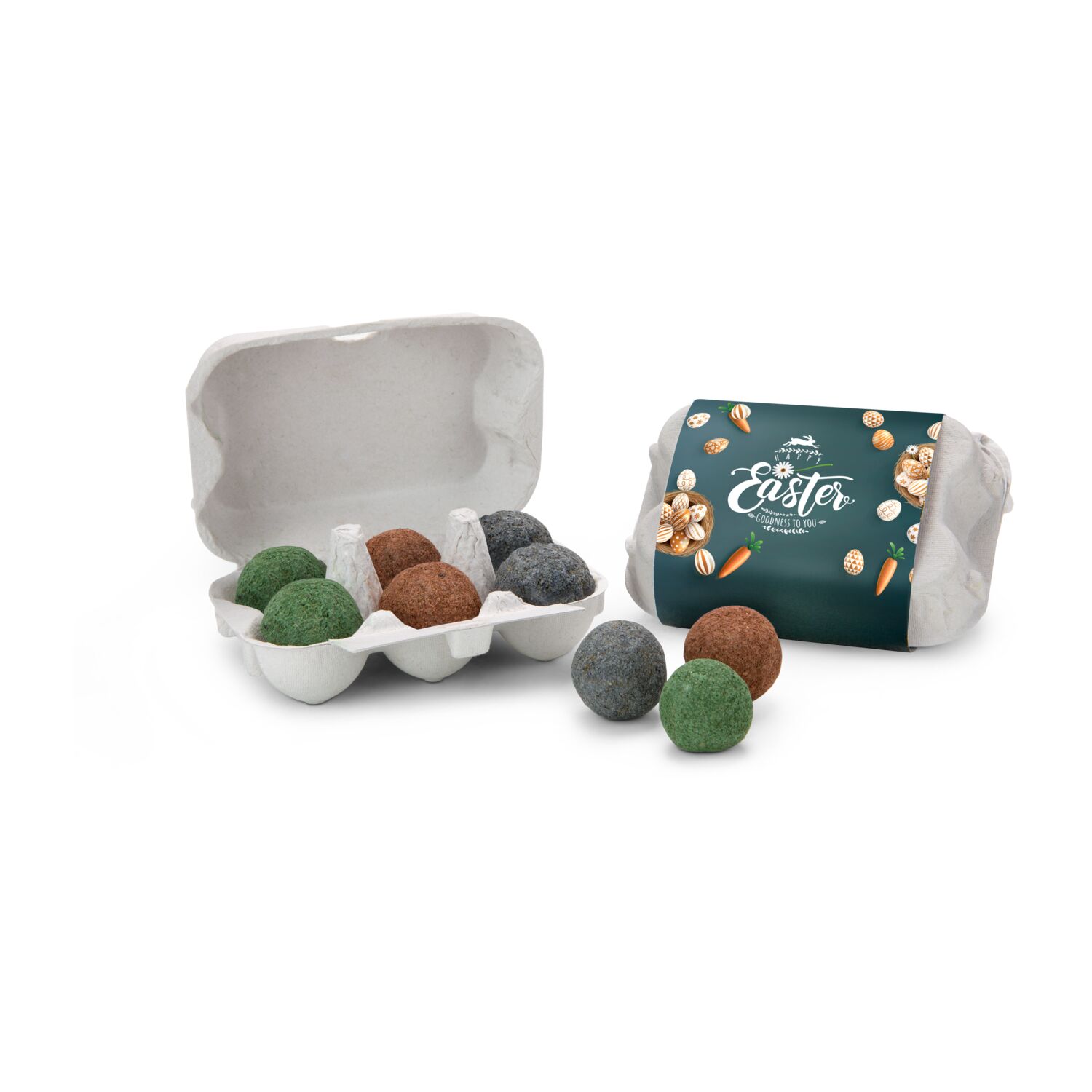 Osternest ohne Kalorien: Mini-Eierschachtel mit Happy-Easter Banderole und 6 farbigen Samenbomben für eine Bienenwiese