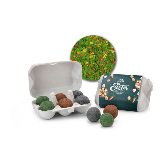 Osternest ohne Kalorien: Mini-Eierschachtel mit Happy-Easter Banderole und 6 farbigen Samenbomben für eine Bienenwiese