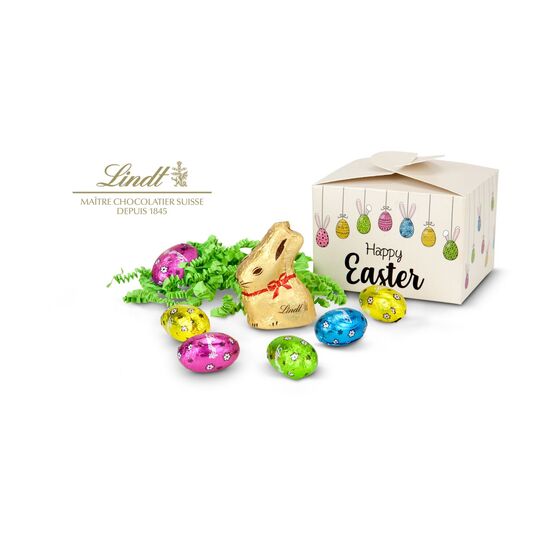 In dieser süßen Pralinenverpackung versteckt sich ein Lindt-Osterhase (10 g) und 6 bunte Lindt-Vollmilchschokoeiern (ca. 33 g).