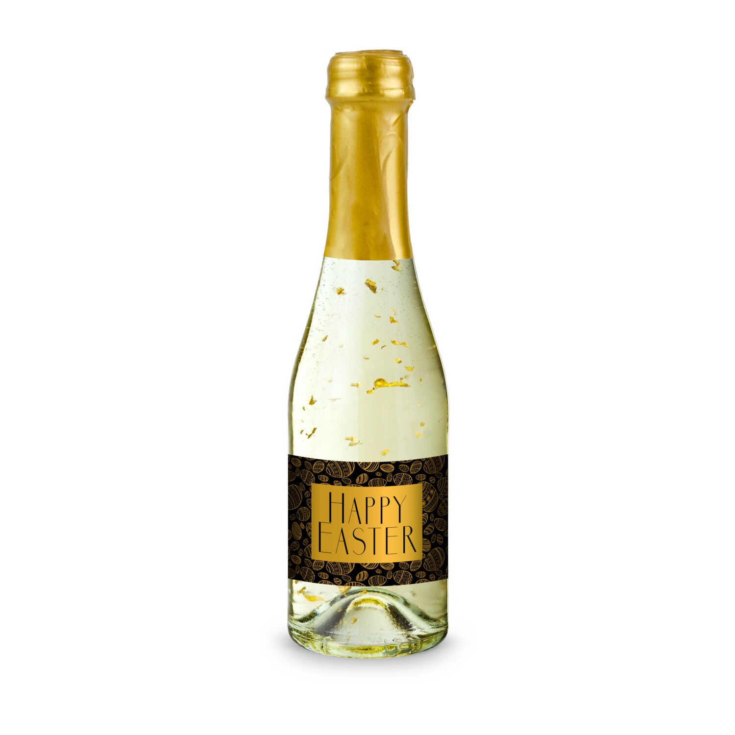 Prickelnder Secco mit lebensmittelechtem Blattgold zum Anstoßen auf eine fröhliche Oster-Zeit. 6 klare Flaschen (0,2 l) mit goldener Kapsel.