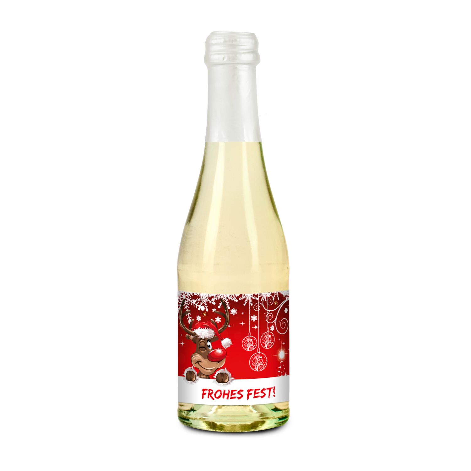 Prickelndes Weihnachtsfest: 6 Secco Piccolo Glasflaschen (0,2 l) mit der Botschaft „Frohes Fest”. Ideal für Kunden, Kollegen oder Freunde.