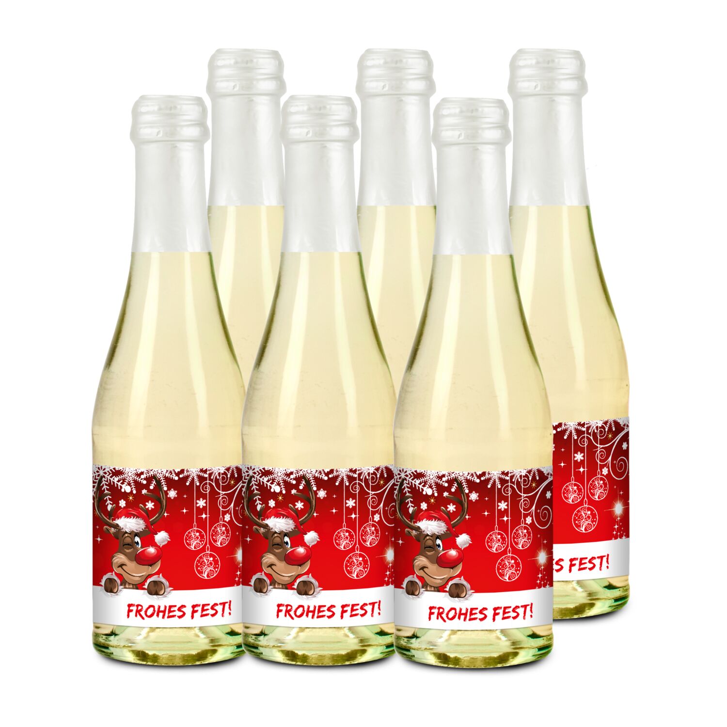 Prickelndes Weihnachtsfest: 6 Secco Piccolo Glasflaschen (0,2 l) mit der Botschaft „Frohes Fest”. Ideal für Kunden, Kollegen oder Freunde.