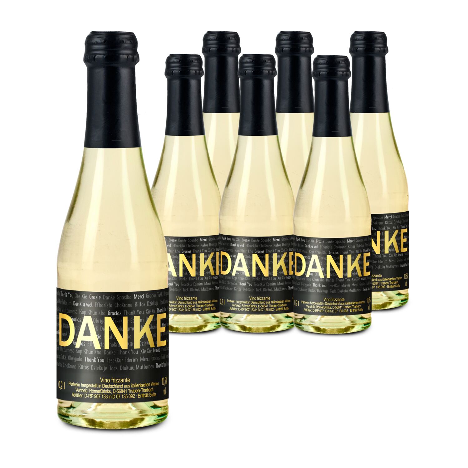 6 hochwertige Secco Piccolo Glasflaschen (0,2 l) mit „Danke” Etikett im 6er Karton, Alkohol 10,5% Vol. - Sektsteuerfrei